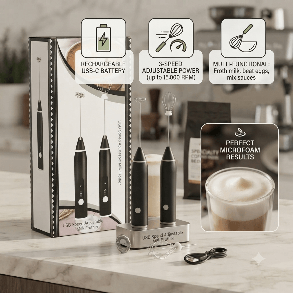 Rechargeable 3-Speed Milk Frother & Whisk Set