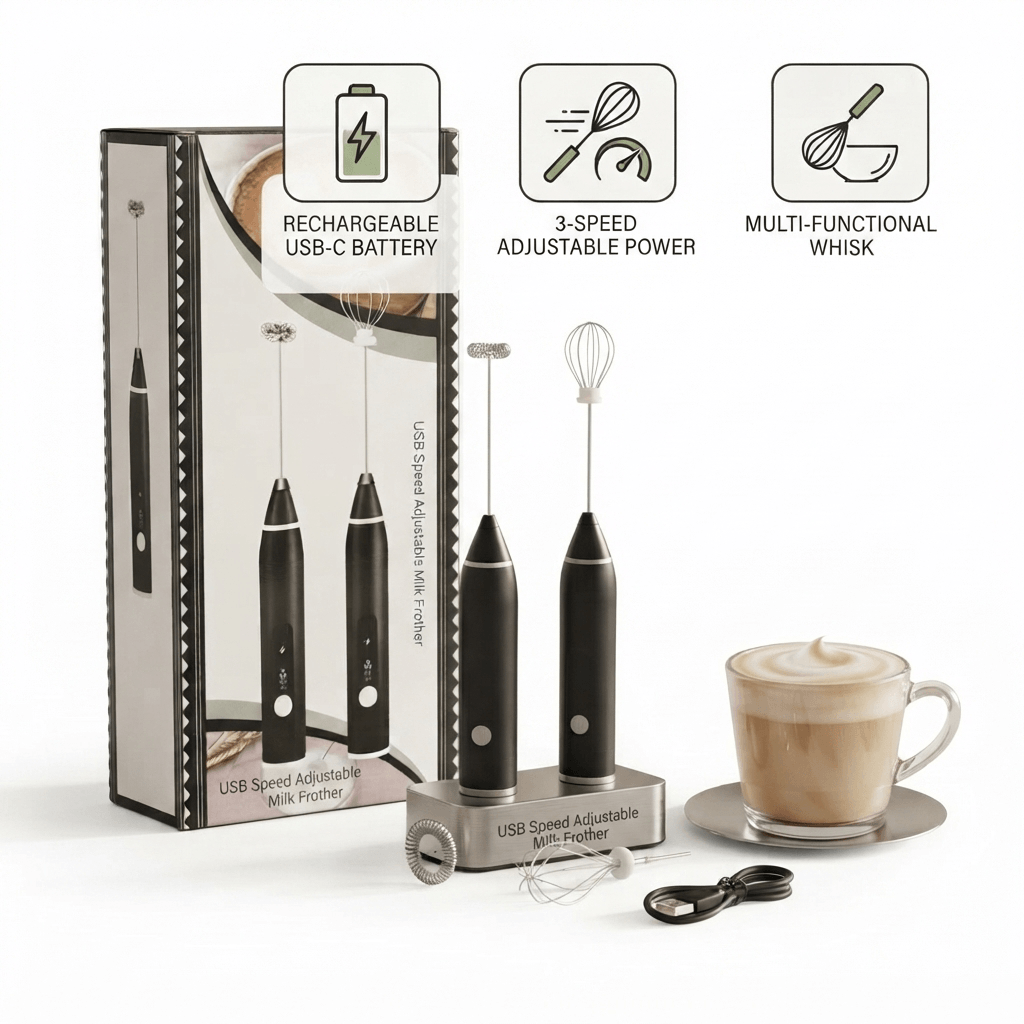 Rechargeable 3-Speed Milk Frother & Whisk Set