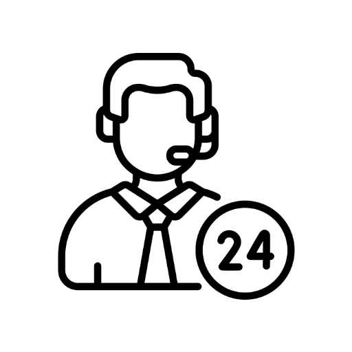 Black and white line icon of a customer service representative wearing a headset and tie, next to a circle with the number 24.