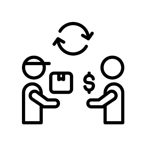 Black line icons representing a shipping or payment service, featuring two stylized figures with hands extended, a package box, a dollar sign, and a circular refresh arrow on a white background.