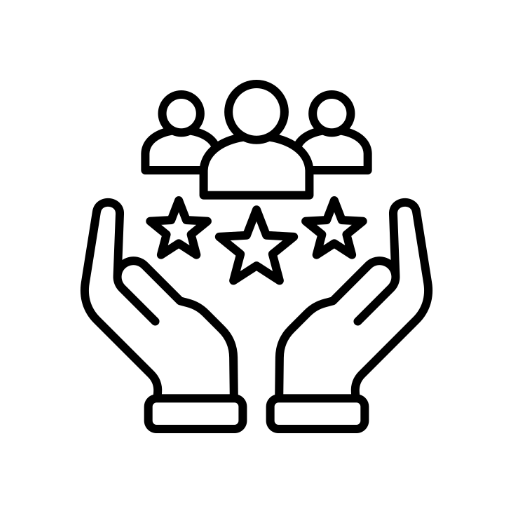 Black and white line art icon depicting two hands supporting three user profiles and three stars, representing customer support or service.