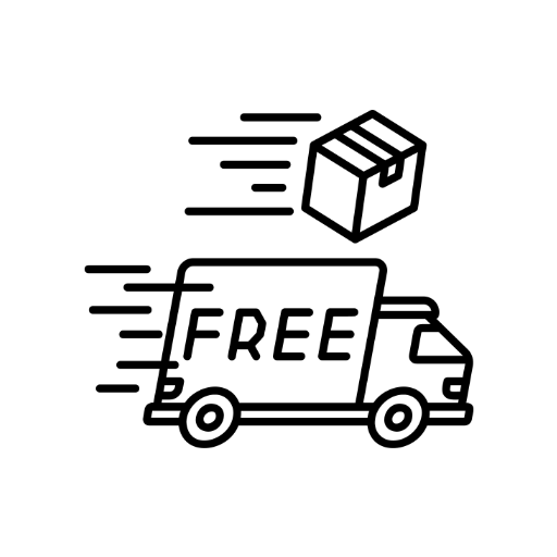 Black and white line art icon depicting a delivery truck with the word 'FREE' on its side and a package floating above, accompanied by motion lines.